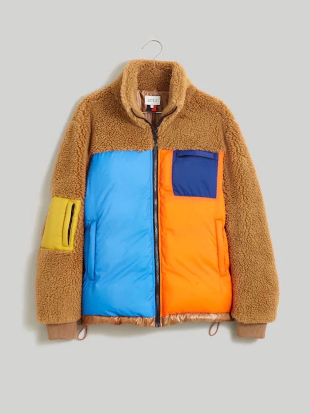 KULE Colorblock Sherpa Puffer Jacket - Brown/Blue/Orange